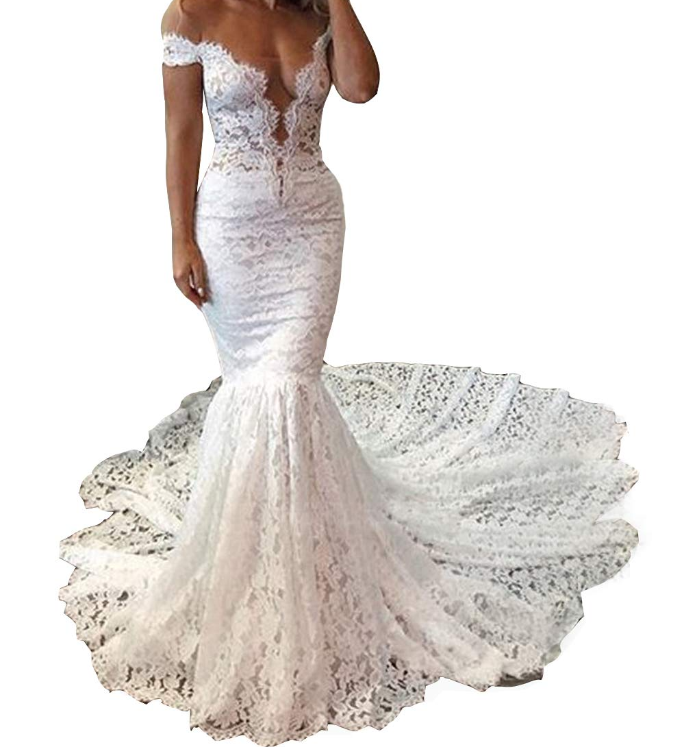 Pretty Off The Shoulder Elegant Mermaid Long Lace Wedding Dresses Y0128