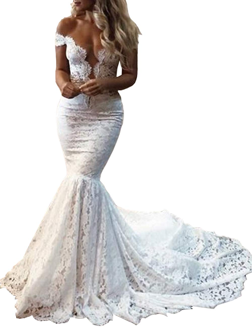 Pretty Off The Shoulder Elegant Mermaid Long Lace Wedding Dresses Y0128