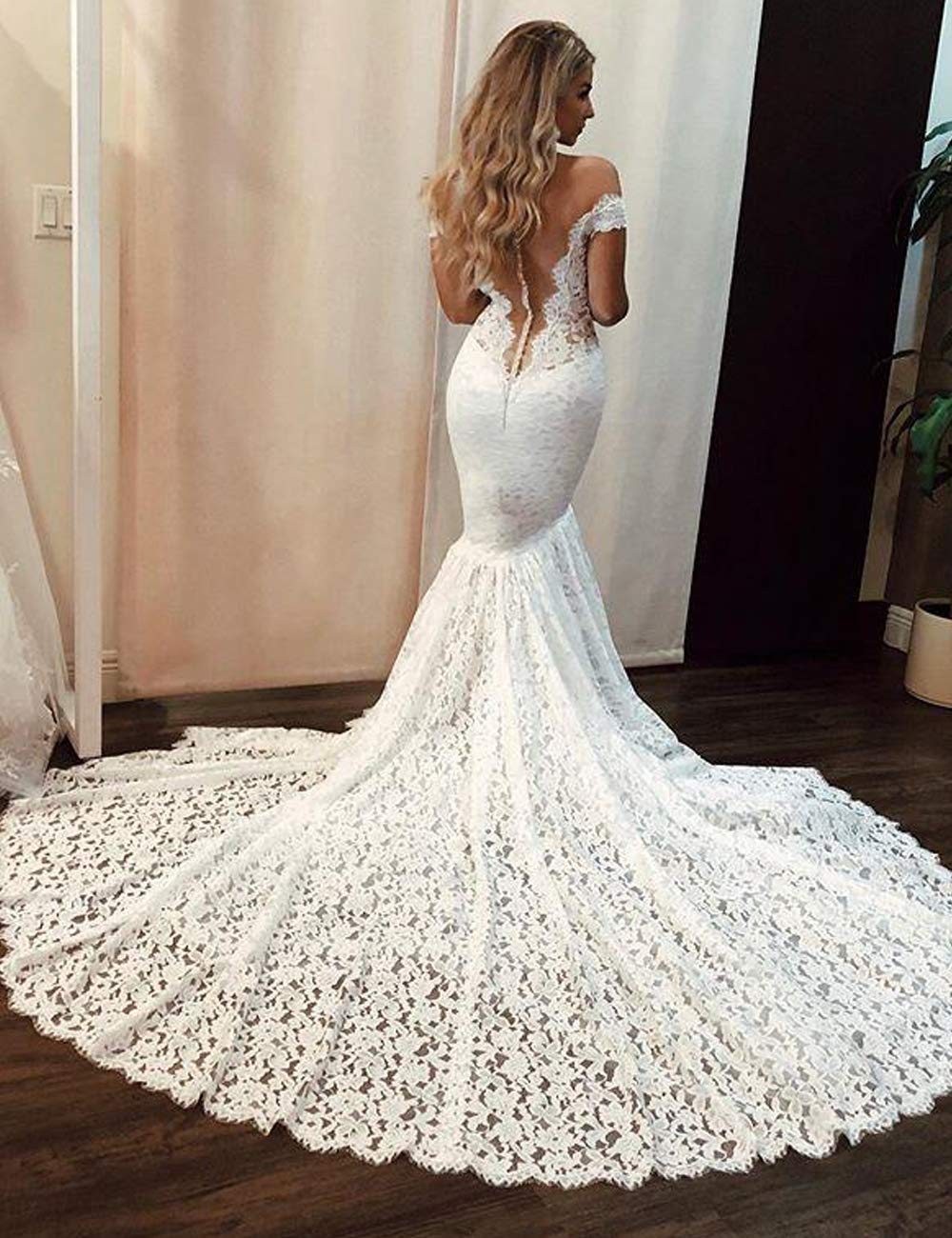 Pretty Off The Shoulder Elegant Mermaid Long Lace Wedding Dresses Y0128