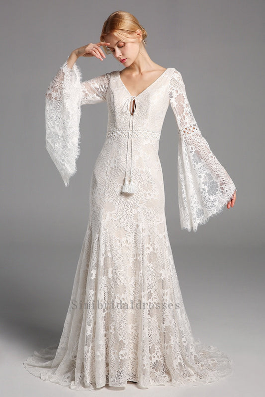 New Arrival Boho Long Sleeves Lace Beach Wedding Dresses Chic Bridal Gowns Y0133