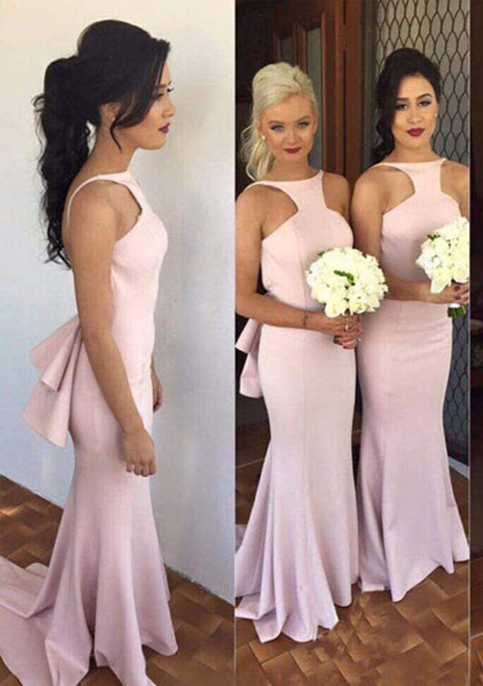 2024 New Arrival Satin Pink Backless High Neck Long Bridesmaid Dresses / Gowns