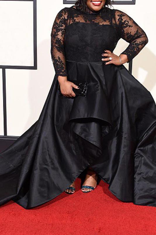 Black Long Sleeves Satin Plus Size Prom Dress with Lace, Long Prom Gown N2216