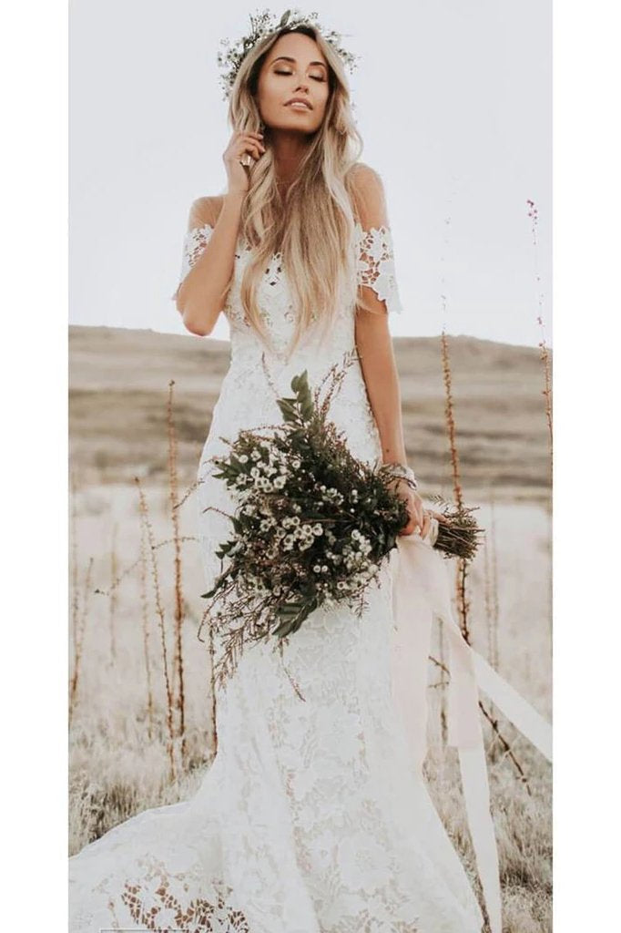 Mermaid Off the Shoulder Lace Beach Wedding Dress, Long Rustic Wedding Dresses N2253