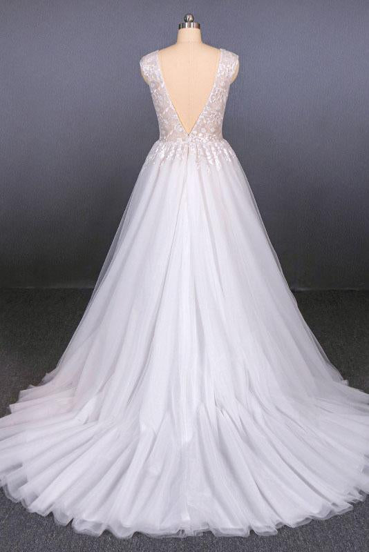 Sexy V Neck Tulle Wedding Dress with Lace Appliques, A Line Backless Bridal Dress N2287