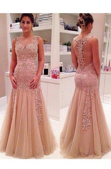 Sexy Mermaid V Neck Champagne Backless Long Prom Dresses