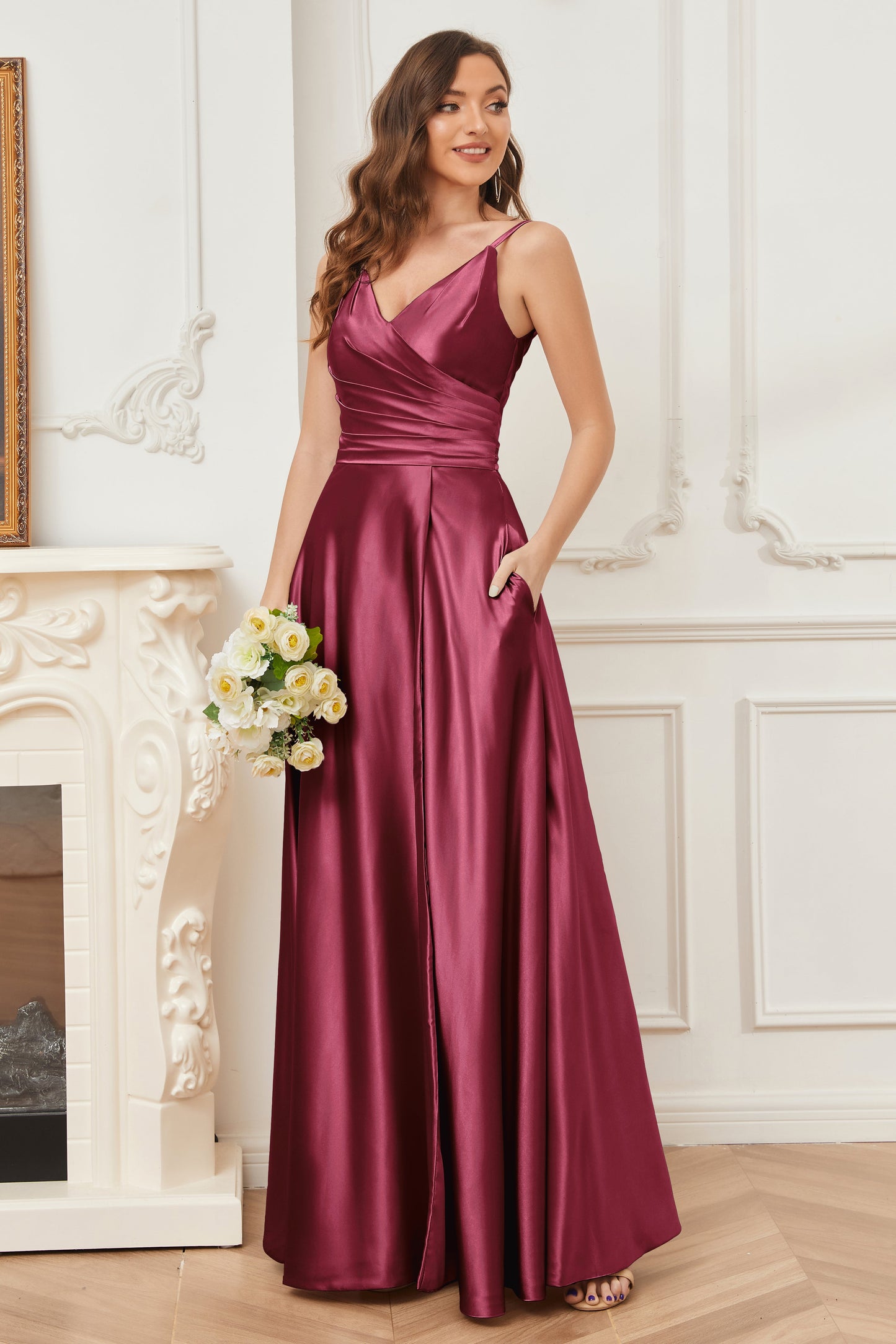 A-line V-neck Soft Satin Long Bridesmaid Dress with Pockets