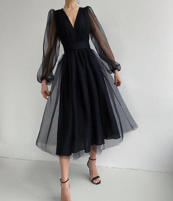 Unique Black Tulle Long Sleeves Prom Dress CD10005