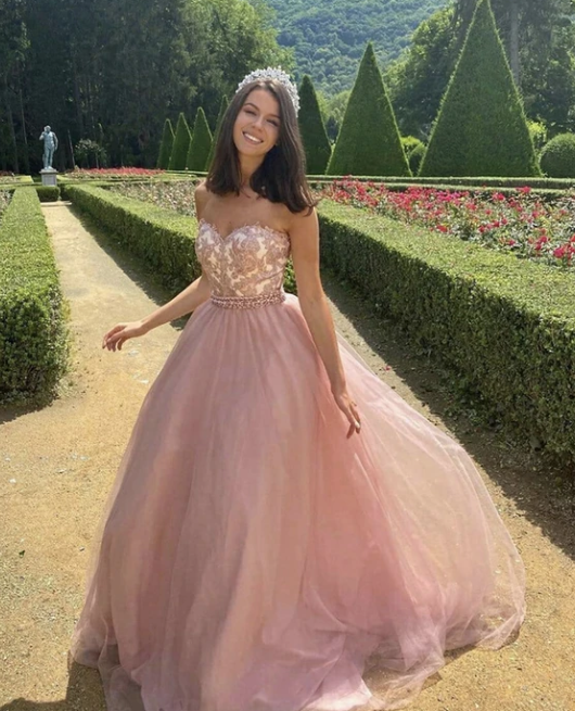 Pink tulle lace long prom dress evening dress CD10814