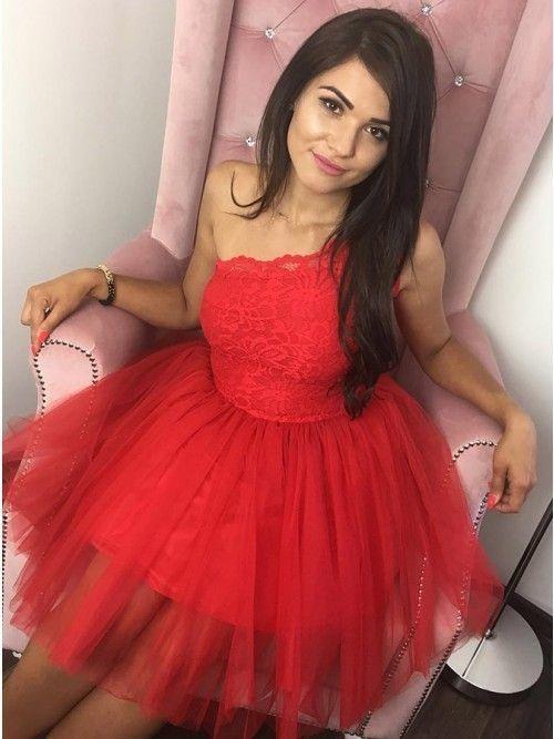 Princess Tulle Red One Shoulder Lace Dress, Short Homecoming Dress CD10920