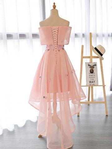 Pink Cute High Low Off Shoulder Homecoming Dress With Flowers CD11173