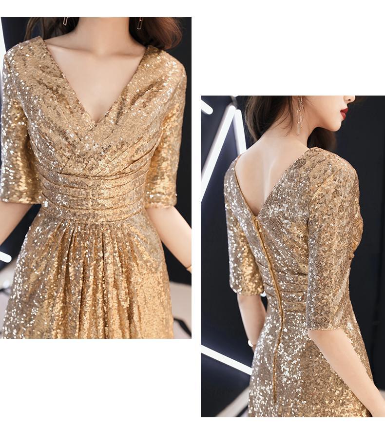 Shiny Sequins Golden Long Bridesmaid Dress, V-Neckline Prom Dress CD11174