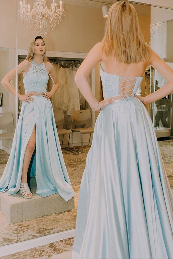 2 Piece Prom Dresses, Light Blue Prom Dress, 2 Piece Dance Dress