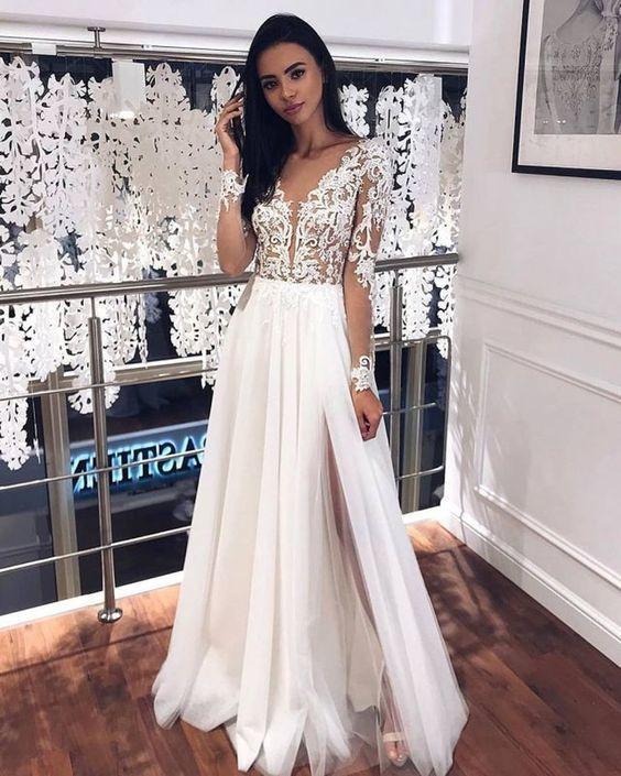 Fashion V Neck Long Sleeves Split Wedding Dresses prom Dresses CD11377