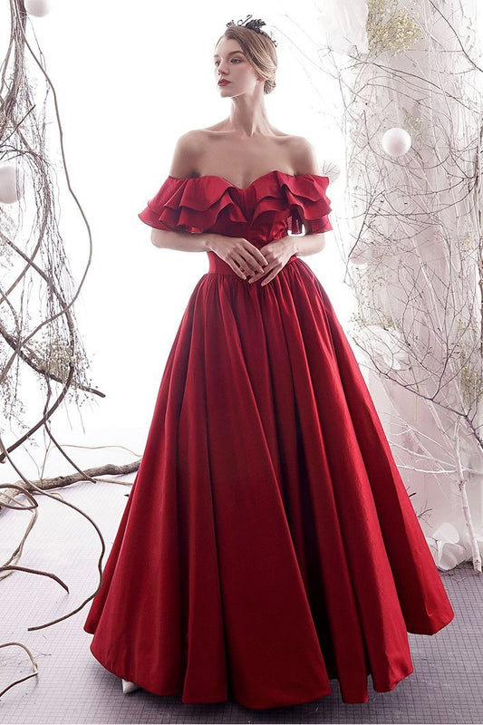 Simple red sweetheart satin long prom dress red bridesmaid dress CD11414