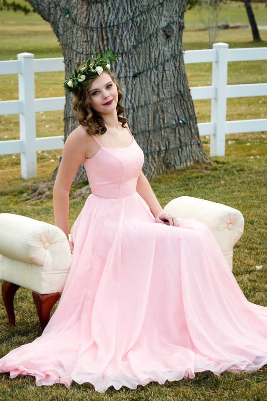 Simple sweetheart pink chiffon long prom dress pink bridesmaid dress CD11438