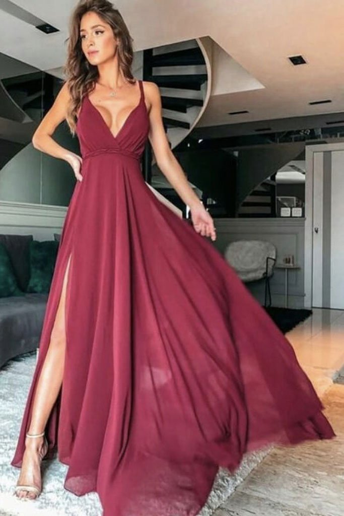 SIMPLE V NECK CHIFFON LONG PROM DRESS CHIFFON BRIDESMAID DRESS CD11646