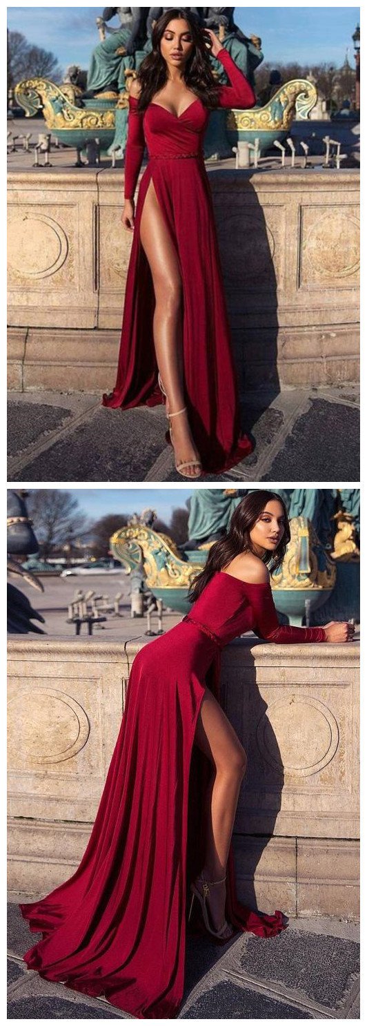 Charming Burgundy Off the Shoulder Long Sleeves Prom Dress With Slit CD1165