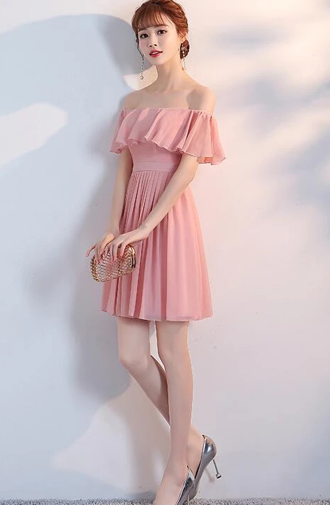 Lovely Off Shoulder Light Pink Short Bridesmaid Dress, Pink Homecoming Dresses CD11727