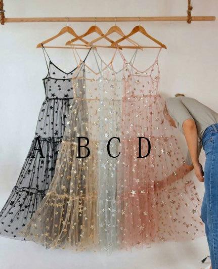 Spaghetti Straps Bling Bling Stars Tulle Dresses for Women Prom Dress CD11917