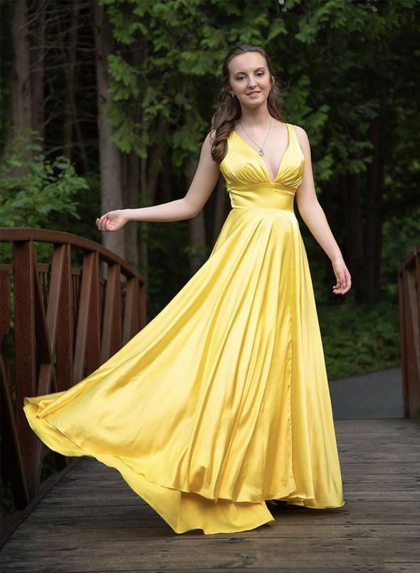 Yellow v neck satin prom dress evening dress CD12064