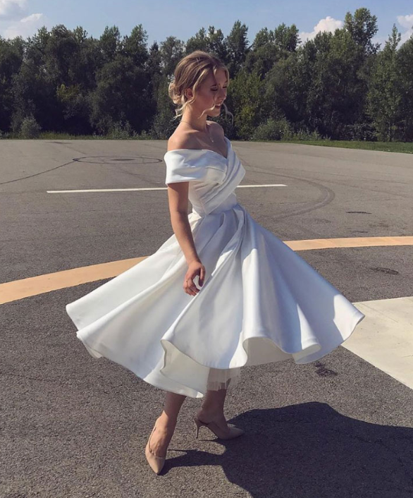 WHITE OFF SHOULDER SATIN TEA LENGTH PROM DRESS WHITE EVENING DRESS CD12209