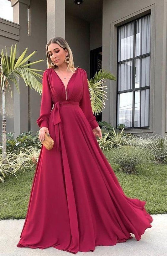 V Neck Long Sleeves Prom Dresses CD12229