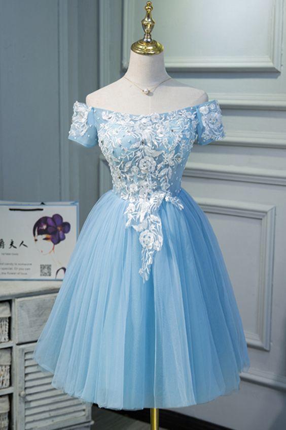 Cute Blue Tulle Off Shoulder Knee Length Homecoming Dress With Sleeves CD12286