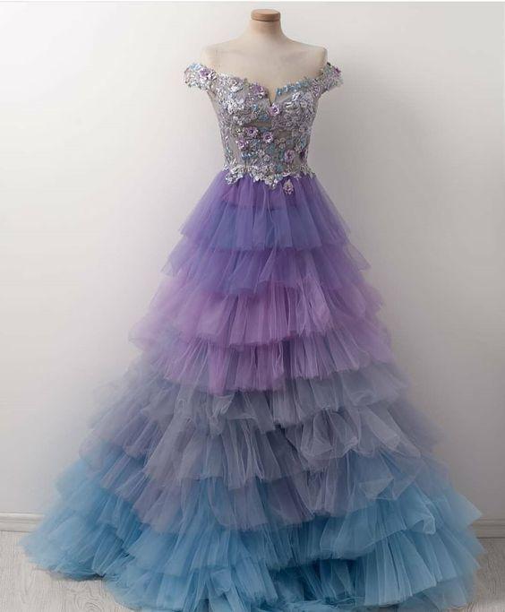 Colorful Prom Dress, Tulle Prom Dress, Off the Shoulder Prom Dresses, Appliques Prom Dress CD12459