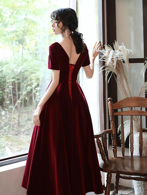 Wine Red Tea Length Short Sleeves Vintage Style Party Dress, Velvet Bridesmaid Dress Prom Dress CD12524