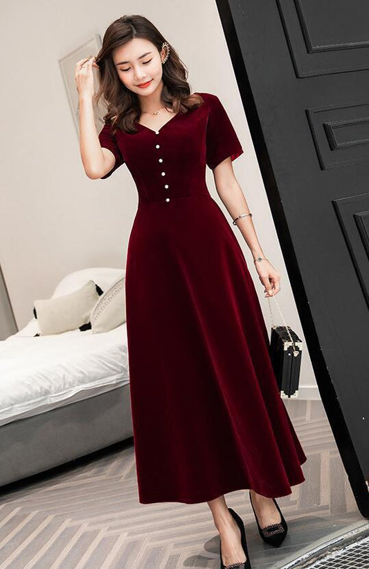 Wine Red Tea Length Short Sleeves Vintage Style Party Dress, Velvet Bridesmaid Dress Prom Dress CD12524