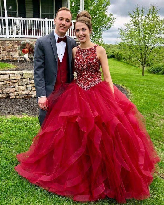 Red Prom Dress, O-Neck Wedding Dresses, Beading Prom Dresses, Tulle Prom Gown CD12591