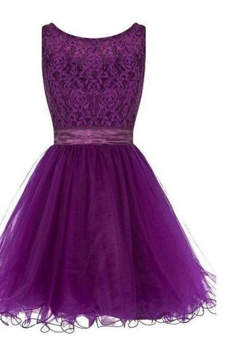 Elegant Purple A Line Lace Short Homecoming Dress CD12798