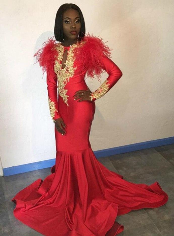 Red Mermaid Satin Long Sleeve Appliques Prom Dress CD12855