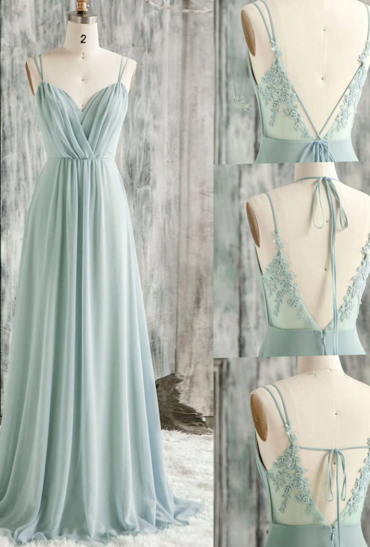 SIMPLE GREEN V NECK CHIFFON LACE LONG PROM DRESS LACE BRIDESMAID DRESS CD13086