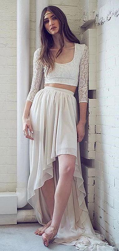 Two Piece High Low Lace Chiffon Ivory Boho Beach Wedding prom Dresses CD13196