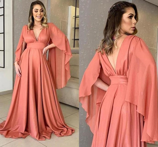 Coral Long Sleeve Evening Dresses 2024 Large Size V Neck A Line Chiffon Formal Party Gowns Backless Women Prom Dress CD13406