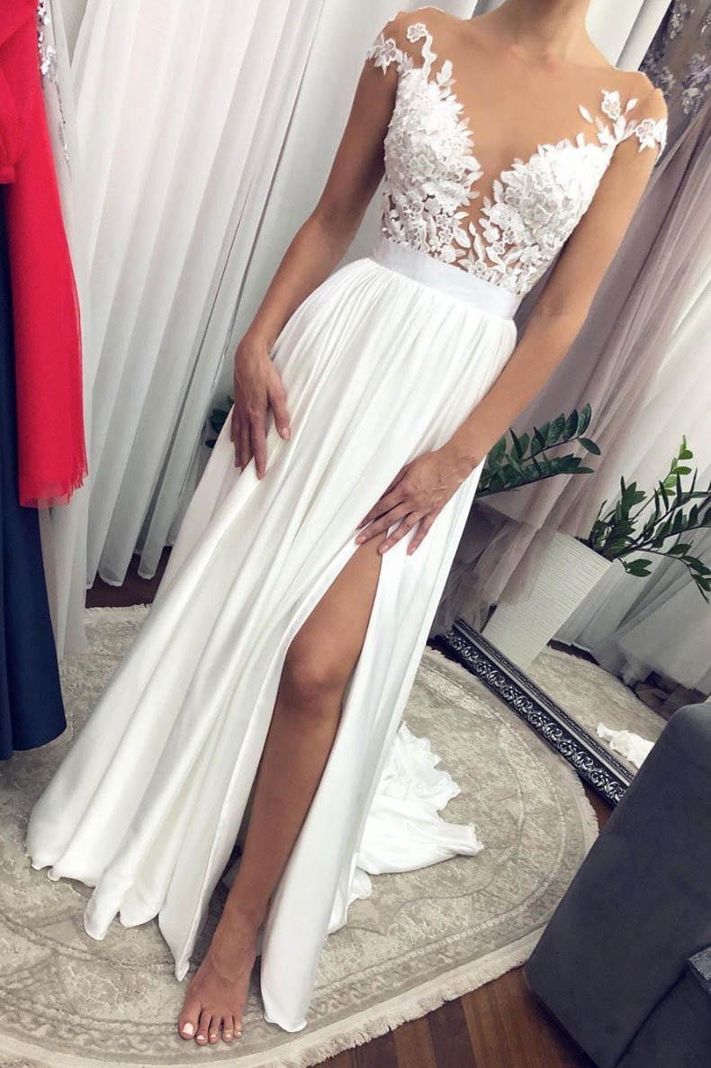 White round neck lace long prom dress white lace bridesmaid dress CD13447