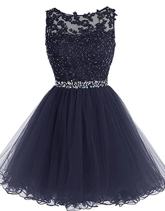 Lovely Tulle Short Homecoming Dress With Beadings, Lace Applique Formal Dress CD13603