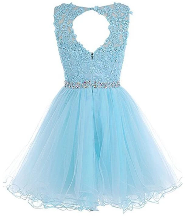 Lovely Tulle Short Homecoming Dress With Beadings, Lace Applique Formal Dress CD13603