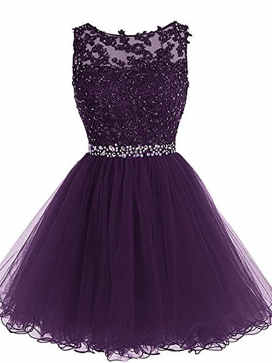 Lovely Tulle Short Homecoming Dress With Beadings, Lace Applique Formal Dress CD13603