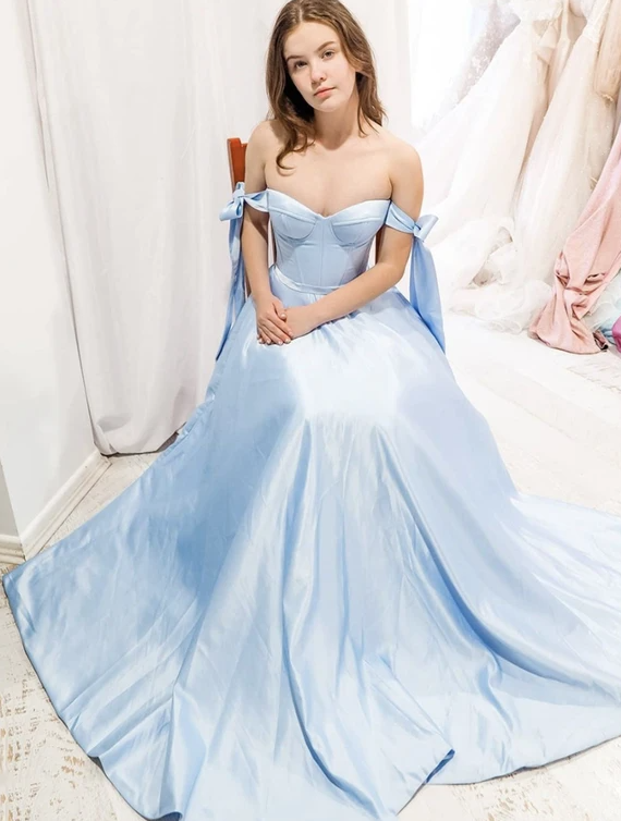 Blue satin long prom dress blue evening dress CD13662