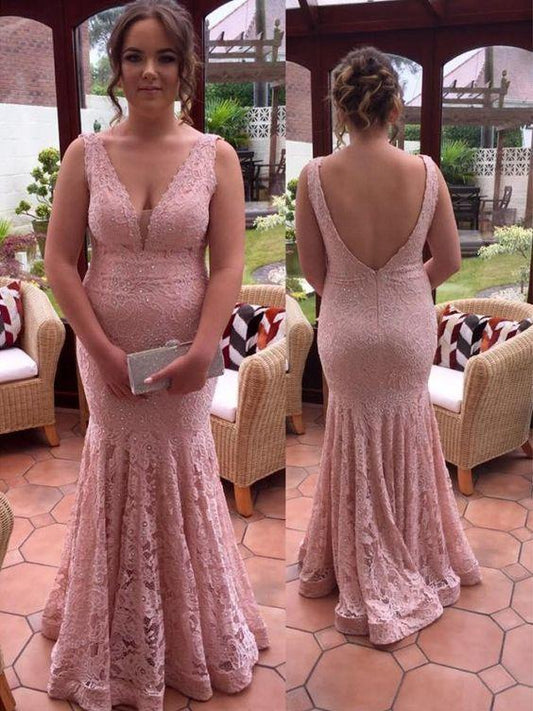 Trumpet/Mermaid V-neck Sleeveless Beading Floor-Length Lace Plus Size prom Dresses CD13735