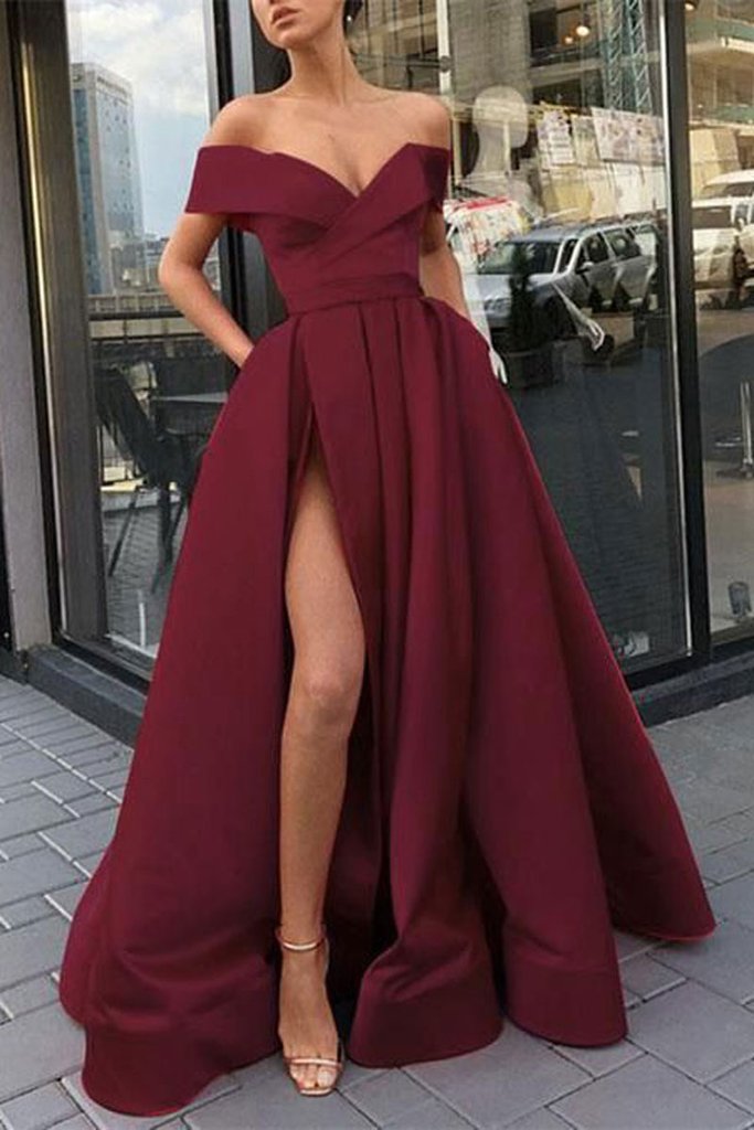 SIMPLE BURGUNDY SATIN LONG PROM DRESS BURGUNDY BRIDESMAID DRESS CD13932