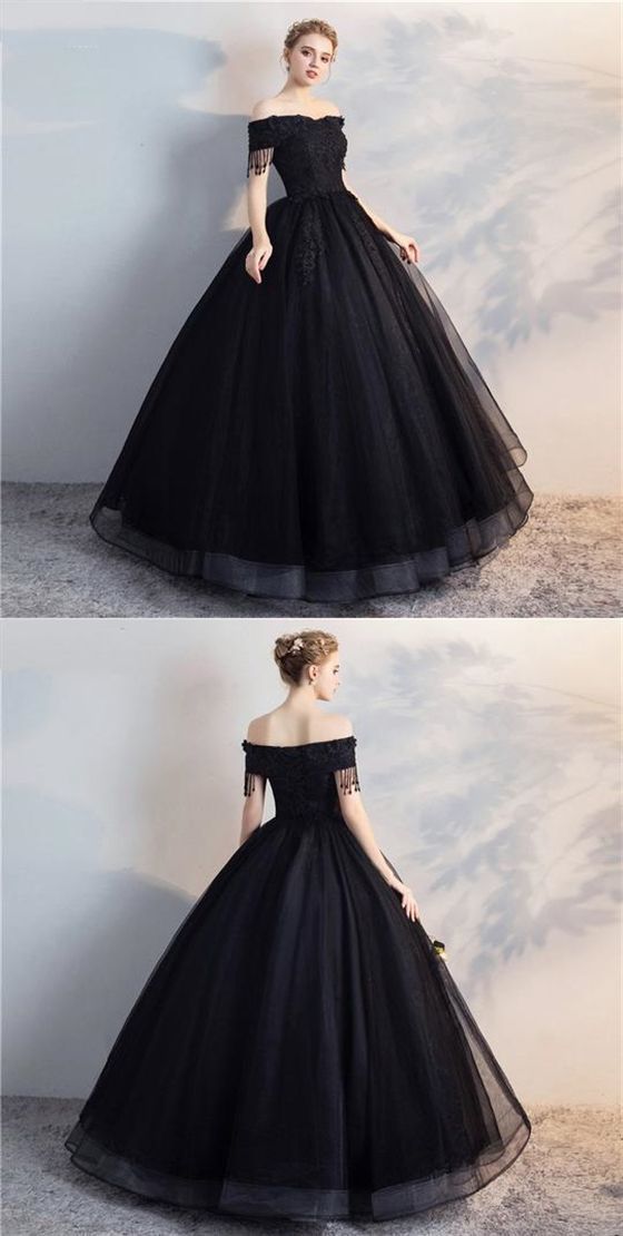 Black Off Shoulder Lace Applique Wedding Dresses, A Line Bridal Dresses CD1430