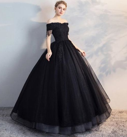 Black Off Shoulder Lace Applique Wedding Dresses, A Line Bridal Dresses CD1430