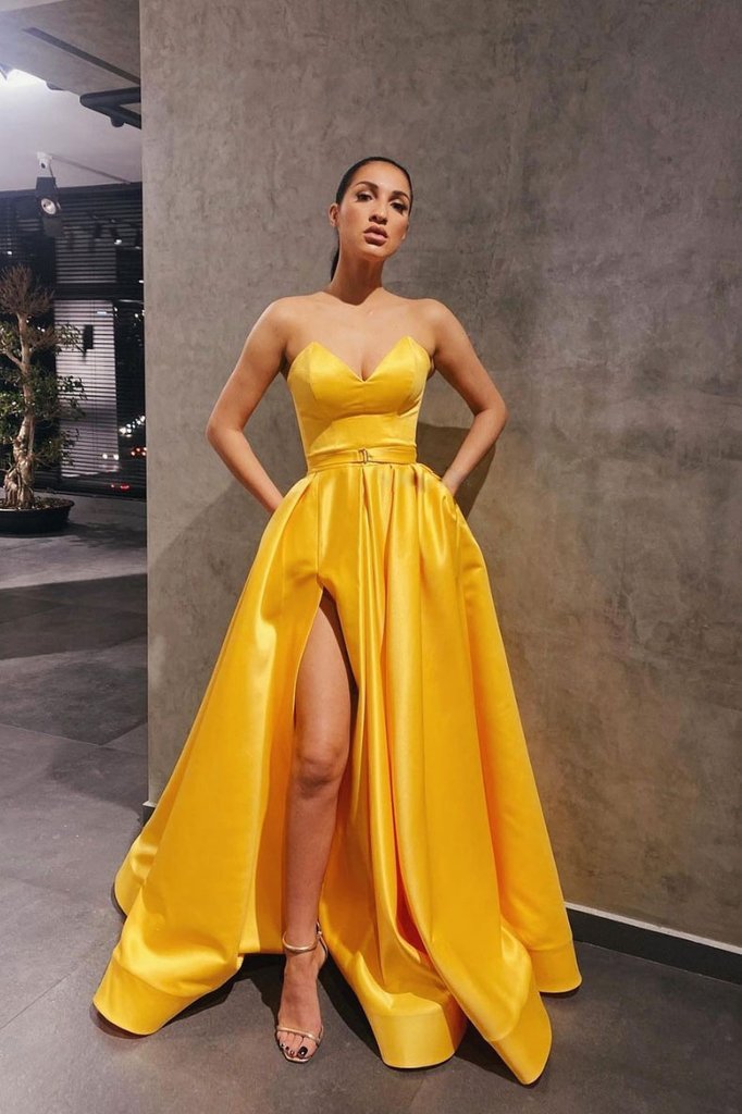 YELLOW SATIN LONG PROM DRESS SIMPLE YELLOW BRIDESMAID DRESS CD13640