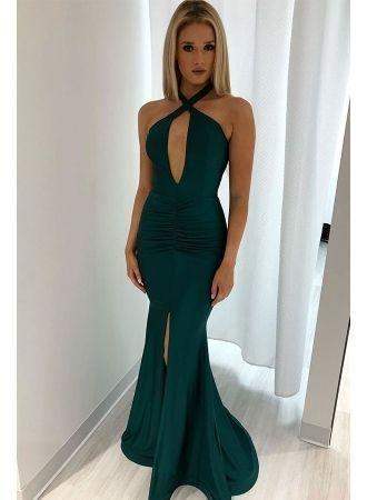 Mermaid Halter Sexy Backless Slit Prom Dresses CD14771