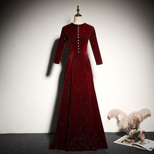 New Style Wine Red Velvet Long Sleeves Prom Dress, A-Line Floor Length Party Dress CD14972