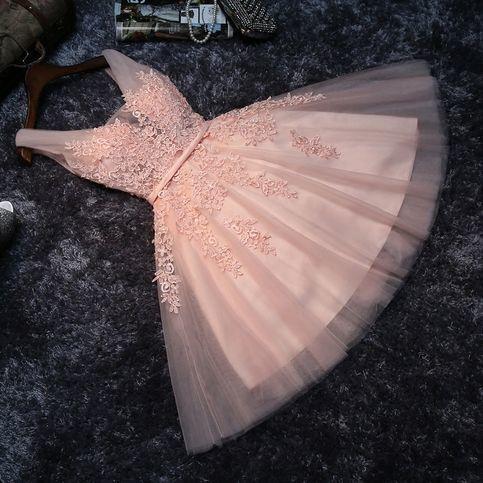 Princess Lace Appliqued Tulle Homecoming Dress, Blush Pink Short Bridesmaid Dresses, Short homecoming Dress CD14