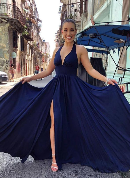 Blue v neck long prom dress simple evening dress CD15281